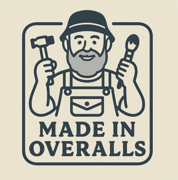 Made in Overalls — bearded craftsman holding a hammer and paintbrush